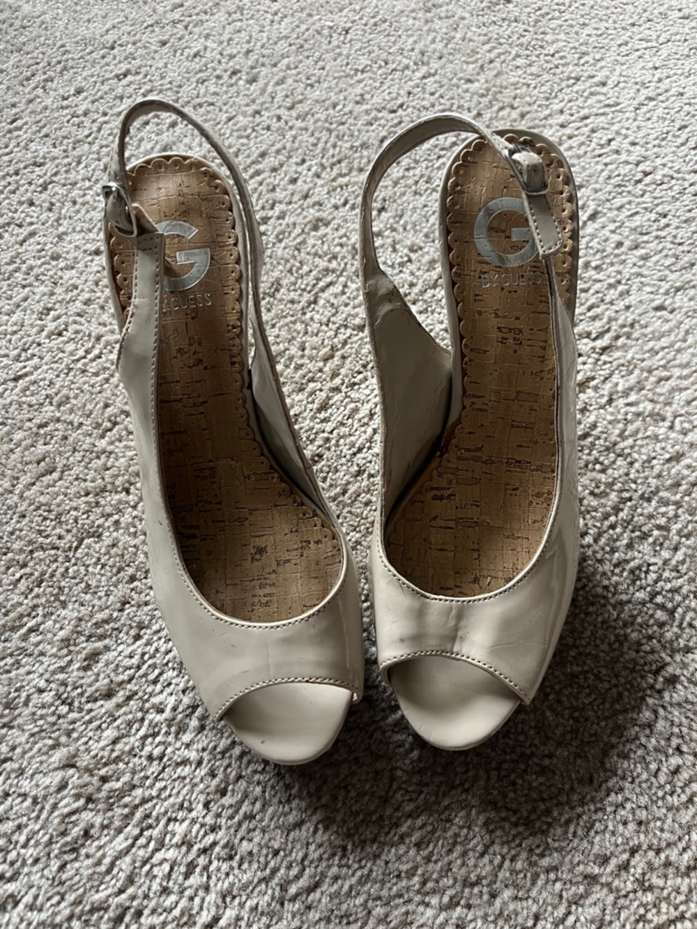 G by Guess Cream Peep-Toe Slingback Wedges